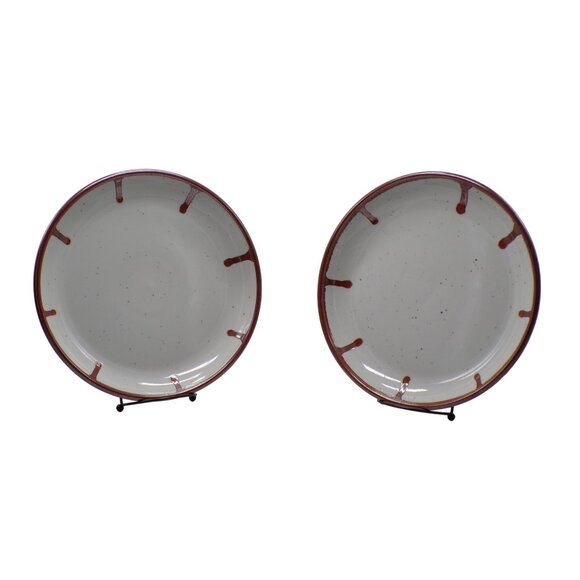 Lauffer (2) Firethorn Burgundy Drip & Speckle Stoneware Coupe Dinner Plates - Picture 1 of 9